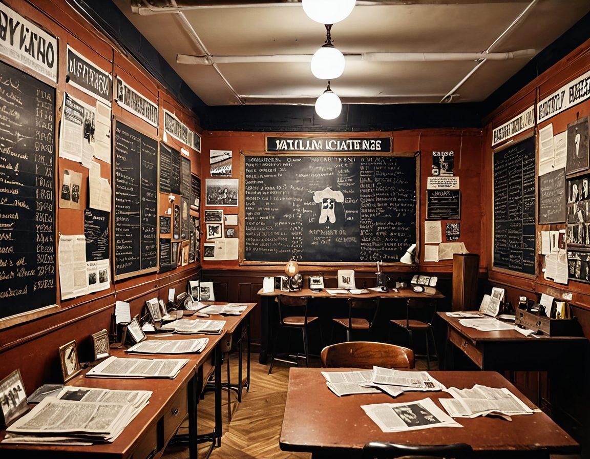 A dynamic scene featuring a vintage newspaper office with journalists passionately discussing articles, surrounded by sports memorabilia like jerseys and trophies. In the background, a large chalkboard displays key milestones in sports journalism evolution. The atmosphere is lively, capturing a blend of nostalgia and modernity. Emphasize warm tones and rich textures to evoke history and excitement. vintage style. rich colors. documentary.
