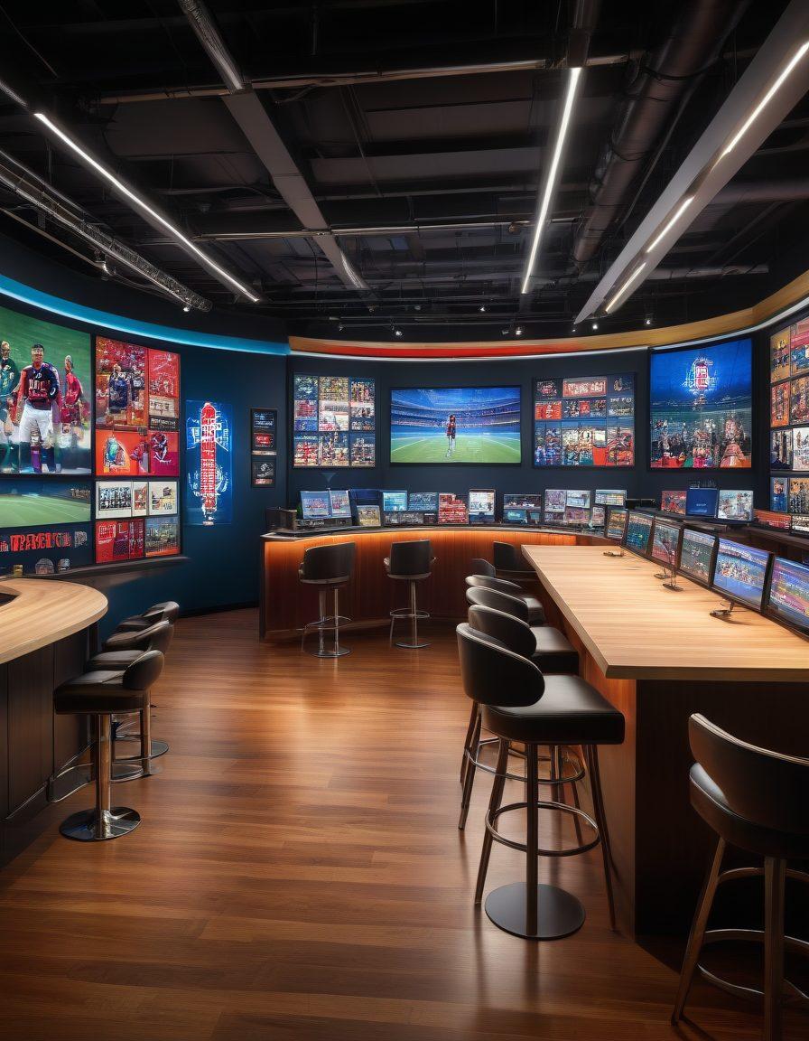 A dynamic scene of a lively sports commentary studio, featuring an engaging host and expert analysts passionately discussing the latest trends. Include vibrant visuals of sports memorabilia in the background and a large screen displaying highlights from recent games. The atmosphere should be energetic and inviting, showcasing the excitement of sports analysis. super-realistic. vibrant colors. studio lighting.