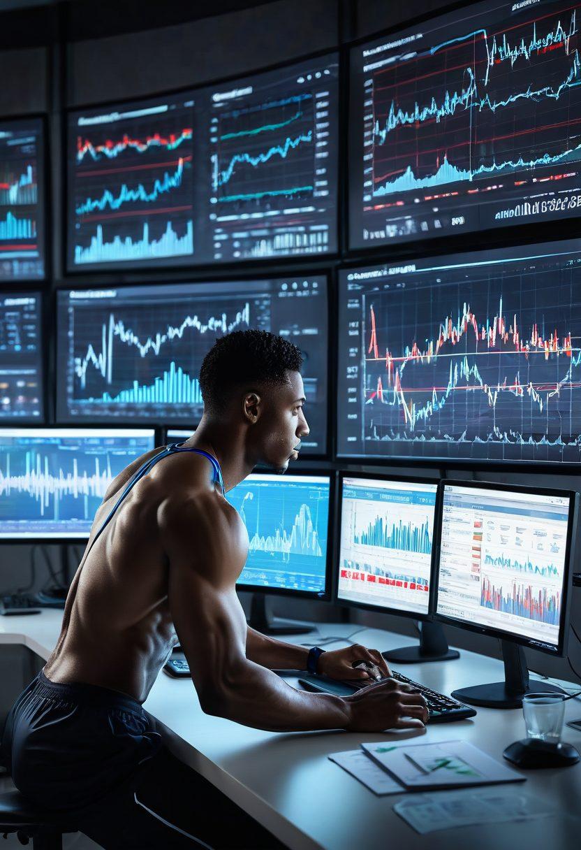 A dynamic montage featuring an athlete in mid-action, transitioning seamlessly into a focused analyst at a desk with sports statistics and data on screens. Include a vibrant stadium backdrop fading into a high-tech analytical workspace. Emphasize movement and emotion, with bold colors highlighting both the athleticism and the analytical side of sports. super-realistic. vibrant colors. white background.